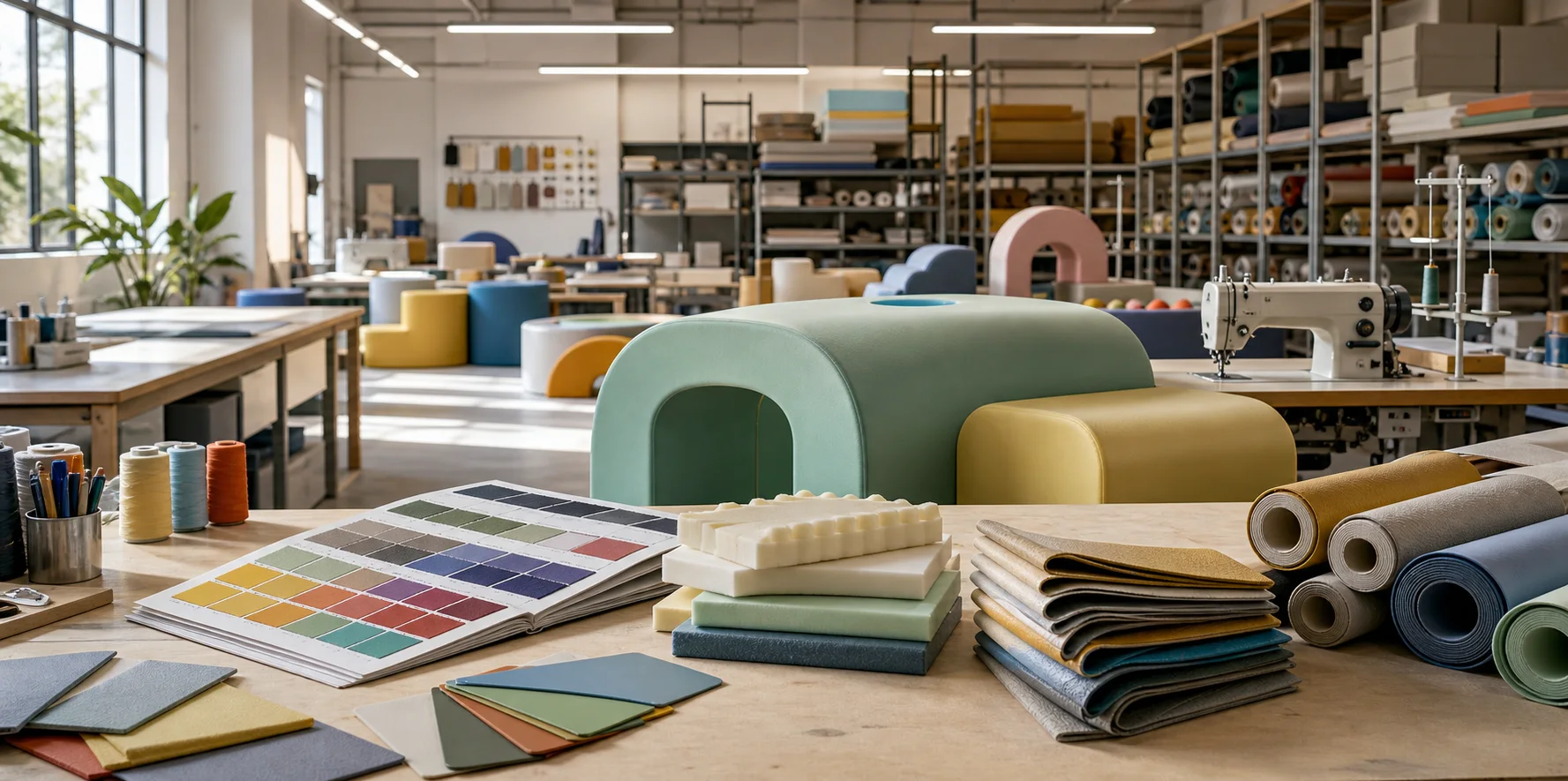 Product development studio with foam forms, upholstery rolls, and material swatches.
